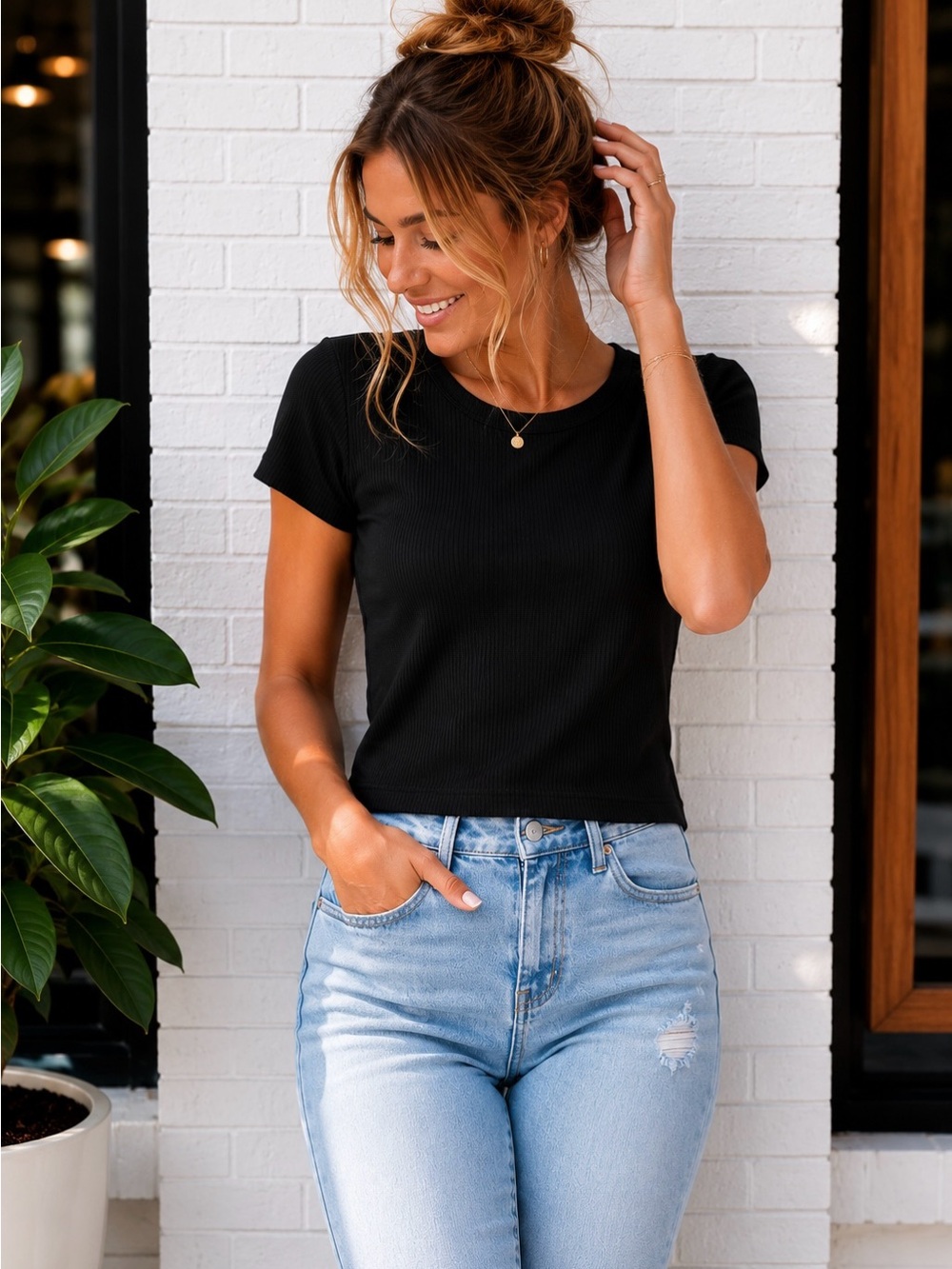 Women's Black Ribbed Short-Sleeve Tee